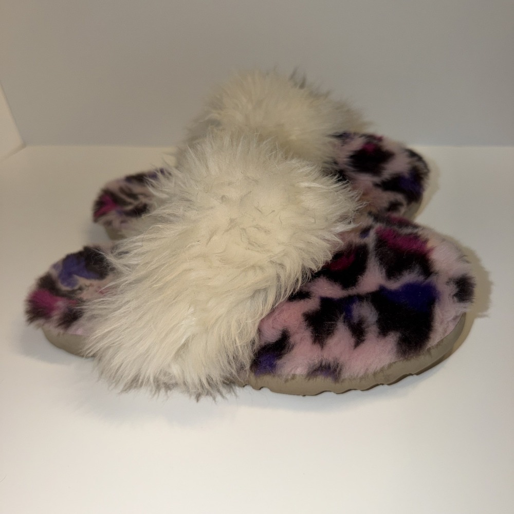 UGG Women's Faux Fur Slip-On Slippers Pink Purple Leopard Print Cushioned Sz 6